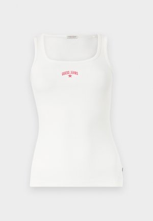 White ribbed sleeveless tank top with square neckline and red "GUESS JEANS" text and star logo on chest.