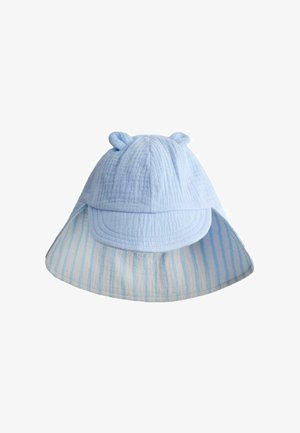Sombrero de sol para bebé azul claro con pequeñas orejas de tela y una amplia braga de cuello a rayas para protección solar.