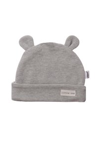 Graue Strickmütze mit umgeschlagenem Rand, die oben zwei abgerundete Ohren hat. Enthält ein kleines Etikett mit "little one" in hellem Text.