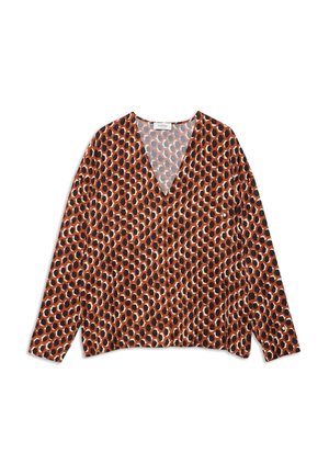 Long-sleeve, V-neck blouse with a geometric pattern in orange, black, and cream. Soft fabric with a relaxed fit and no fastenings.