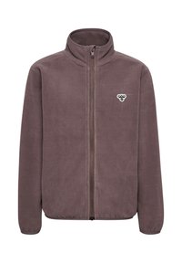 Fleece-jacka i brungrå, hel dragkedja fram, hög krage, elastiska muddar och en liten vit logotyp på övre vänstra sidan.