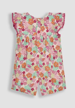Kratka romperska obleka s cvetličnim potiskom in volanastimi rokavi. Ima živahne oranžne, roza in zelene vzorce ter gumbno zapiranje na hrbtu.