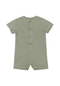 Kurzärmeliger, gerippter Playsuit in sanftem Grün mit fünf Holzknöpfen an der Vorderseite und einer kleinen Brusttasche.
