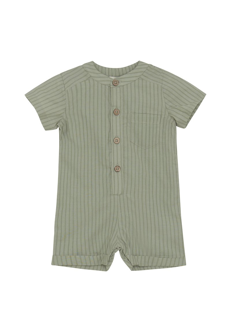 Korte mouwen, geribbelde jumpsuit in gedempt groen, met vijf houten knopen aan de voorkant en een klein borstzakje.