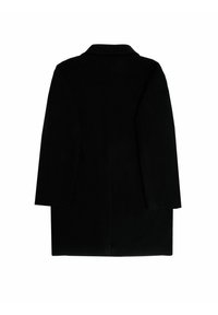 Schwarzer Mantel mit gerader Silhouette, Kragen, langen Ärmeln und glatter Textur. Hat keine sichtbaren Verschlüsse oder Muster. Rückansicht dargestellt.