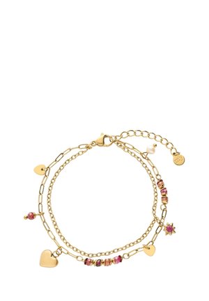 Dubbelgelaagde gouden kettingarmband met hart- en sterrenbedels, roze kralen en een klein wit pareldetail.