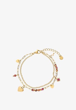 Dubbelgelaagde gouden kettingarmband met hart- en sterrenbedels, roze kralen en een klein wit pareldetail.