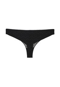String noir avec un motif en dentelle chevron, une taille festonnée et des sections en tissu semi-transparent.