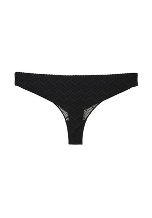 String noir avec un motif en dentelle chevron, une taille festonnée et des sections en tissu semi-transparent.