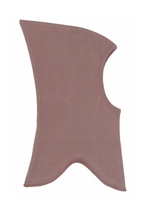 Brun stretchstof halsvarmer med en unik asymmetrisk form og afrundede kanter, med en tekstureret ribbet overflade.