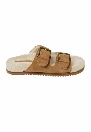 Brown suede slide sandal with two adjustable buckles, soft faux fur lining, and textured rubber outsole for traction.