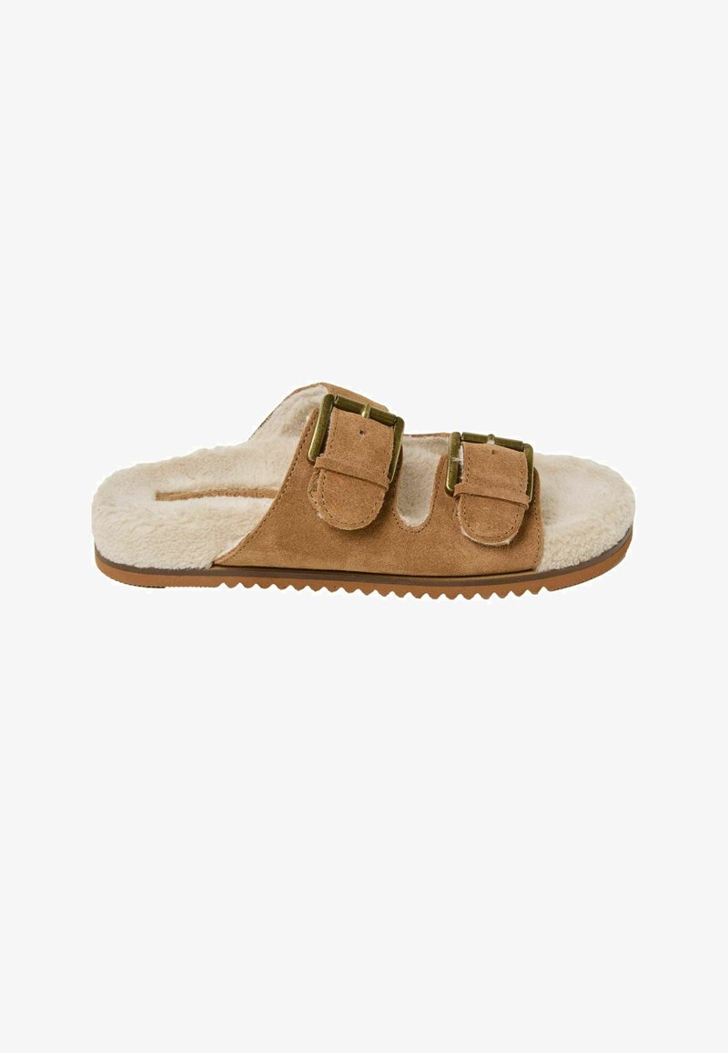 Braune Wildleder-Sandalen mit zwei verstellbaren Schnallen, weicher Kunstfell-Auskleidung und strukturiertem Gummisohle für bessere Trittsicherheit.
