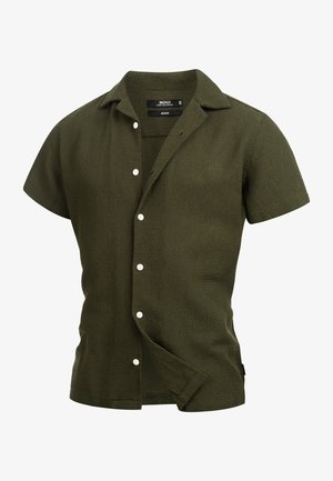 Short-sleeve olive green shirt with a textured weave, button closure, and a notched collar. Features a straight hem and subtle detailing.