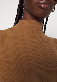 Femme aux cheveux bruns tressés, portant des boucles d'oreilles créoles argentées et un haut marron côtelé à col montant.