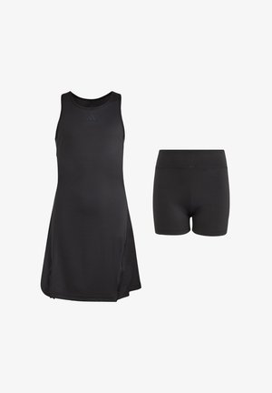 Must spordikleit varrukateta, millel on rinnal logo ja laienev seelik. Kaasas sobivad mustad lühikesed püksid.