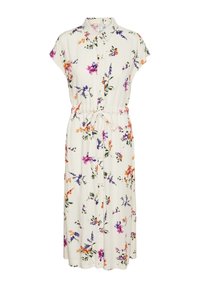 Vestido midi floral de tejido ligero, con mangas cortas, cierre frontal con botones, cintura ceñida con un lazo y un fondo blanco decorado con flores coloridas.