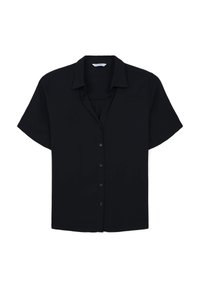 Camicia nera a maniche corte con bottoni, realizzata in tessuto liscio, con collo a polo e una fila di bottoni frontali lungo il centro.