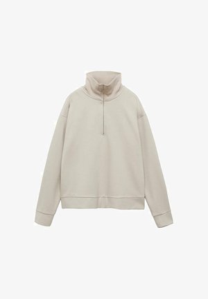 Beige sweatshirt with a high collar and a half-zip closure. Features loose-fitting sleeves and a wide ribbed hem. Soft fabric texture.