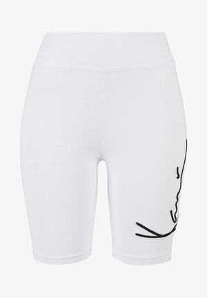 Biele bavlnené cyklistické šortky s čiernym lineárnym dizajnom na dolnej ľavej strane, hladkou textúrou a elastickým pásom.