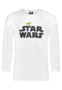 Maglietta a maniche lunghe bianca con il logo "STAR WARS" in nero contornato di blu e un'immagine di un personaggio verde sopra il testo.