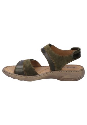 Green and brown leather sandals with two wide straps, open toe, cushioned insole, and a textured, molded rubber sole.