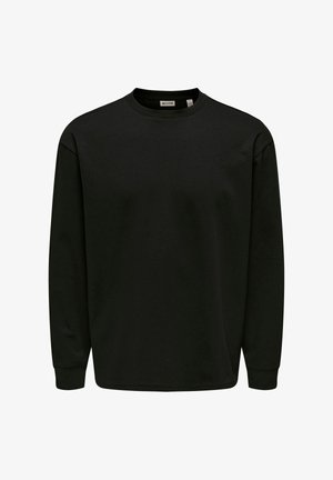 Sweat-shirt noir uni à manches longues avec col rond, poignets côtelés et petite étiquette de marque à l'intérieur du col.