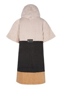 Accappatoio con cappuccio dal design a blocchi di colore in beige, nero e marrone. Realizzato in morbido tessuto di spugna con maniche corte e una patch con logo sulla schiena.