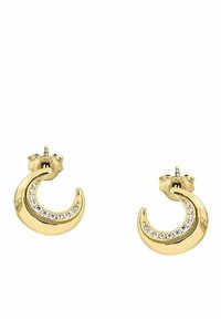 Guldtonade halvmåneformade örhängen med en rad klara rhinestones längs den inre kurvan; med baksidan fäste.