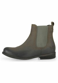 Stivale Chelsea in pelle marrone con pannelli elastici laterali, punta tonda, tacco basso a blocco e linguetta sul retro per facilitare l'indossamento.