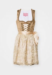 Bodice in gold fabric with a lace-up front and decorative buttons; cream skirt features intricate floral embroidery and a satin ribbon belt.