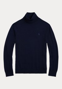Granatowy sweter z długim rękawem i golfem, z małym haftowanym logo na lewej piersi.