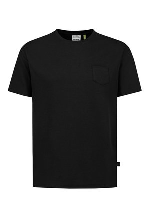 Black short-sleeve textured t-shirt with a round neckline and a small chest pocket on the left side.