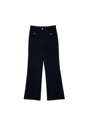 Marineblauwe wijde broek met hoge taille, voorzakken met klep en gouden knoopdetails op de zakken en tailleband.