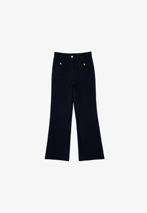 Marineblauwe wijde broek met hoge taille, voorzakken met klep en gouden knoopdetails op de zakken en tailleband.