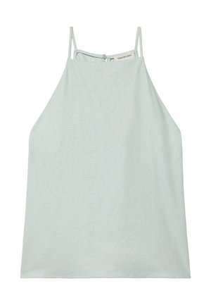 Lichtblauw mouwloos topje met dunne bandjes, een hoge halslijn en een Calvin Klein Jeans-label aan de achterkant met een kleine knoopsluiting.