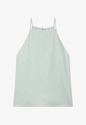 Haut sans manches bleu clair avec fines bretelles, col montant et étiquette Calvin Klein Jeans à l'arrière avec une petite fermeture par bouton.