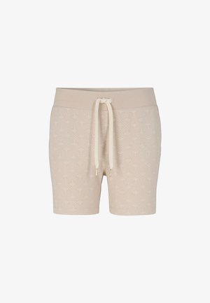 Shorts beiges avec un motif fin, taille élastique et cordon de serrage. Présente de petites ferrures accentuées en or au niveau de la taille. Texture douce.
