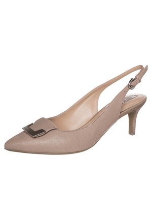 Beige nahkakengät, joissa on osoitinmalli, matala korko ja metallinen yksityiskohta edessä. Sileä pinta ja minimaalinen ommeltu yksityiskohta.