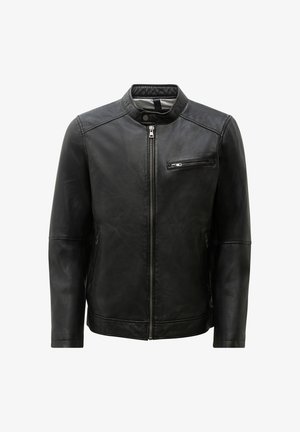 Sort læderjakke med ståkrave, frontlynlås og en lynlåslomme på brystet. Glat tekstur med minimale sømme.