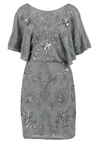 Szara krótka sukienka z kwiatowymi aplikacjami z cekinów i koralików, z falbaniastymi rękawami i dopasowanym talią.