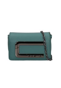 Borsa a tracolla in pelle teal con chiusura rettangolare metallica, tracolla a catena e bordi cuciti. Presenta un dettaglio con il logo nella parte inferiore.