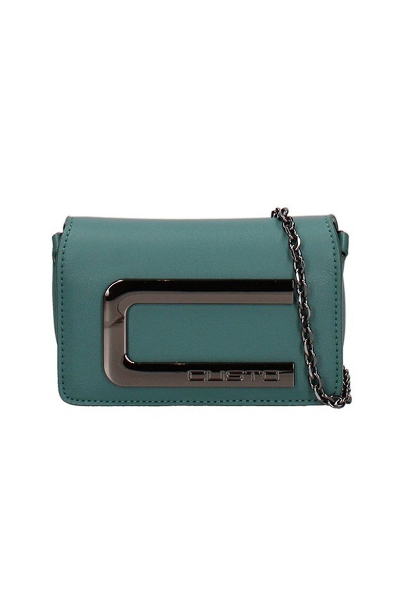 Borsa a tracolla in pelle teal con chiusura rettangolare metallica, tracolla a catena e bordi cuciti. Presenta un dettaglio con il logo nella parte inferiore.