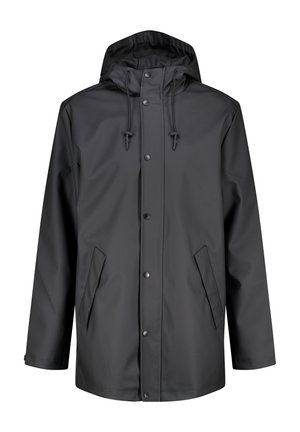 Schwarze wasserdichte Jacke mit Kapuze, Druckknöpfen und zwei seitlichen Taschen. Verfügt über verstellbare Kordeln für eine optimale Passform und eine glatte Textur.