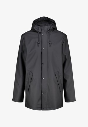 Black waterproof jacket with a hood, snap buttons, and two side pockets. Features adjustable drawstrings for fit and a smooth texture.