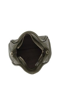 Olive green leather handbag with a zippered opening, featuring a smooth texture and dark fabric lining. Includes metal hardware accents.