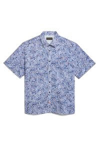Korte mouwen overhemd met knopen in lichtblauw met een bloemenpatroon in marineblauw, rood en wit. Katoenen stof met een klassieke kraag en zak.