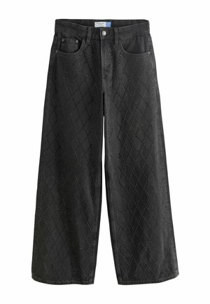 Black wide-leg jeans featuring diamond-patterned stitching with silver accents, high waist, and traditional five-pocket design.