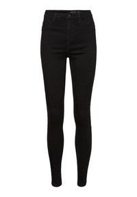 Jean skinny noir taille haute avec poches avant, passants pour ceinture et fermeture par bouton.