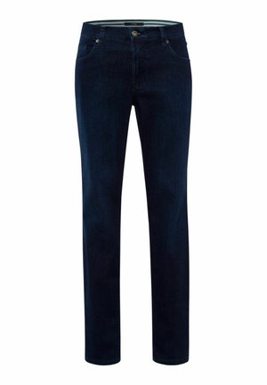 Pantaloni in denim di colore blu scuro con design a gamba dritta, dotati di chiusura con bottone classico e tasche frontali. Texture liscia, nessun motivo visibile.