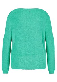 Futrzasty sweter z długim rękawem w jasnym turkusie, z teksturowaną powierzchnią i okrągłym dekoltem. Brak widocznych zapięć lub wzorów.